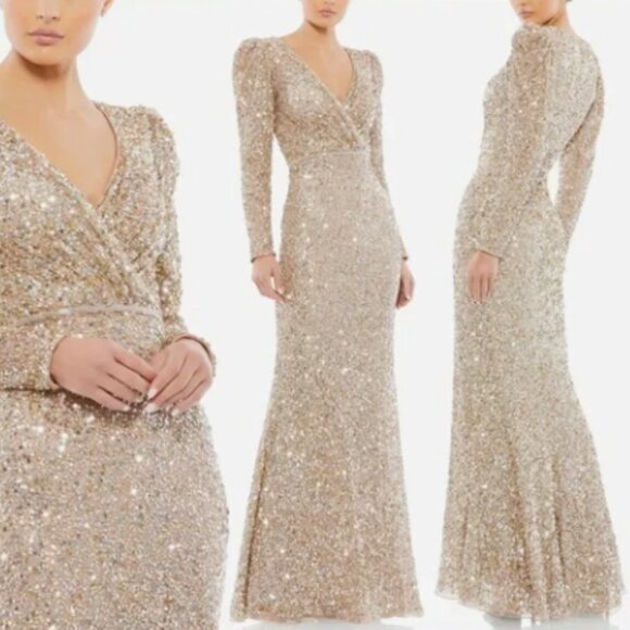 MAC DUGGAL 5510 PUFF SHOULDER SEQUINED SURPLICE SHIMMERING GOLD GOWN sz 8 - Picture 8 of 8